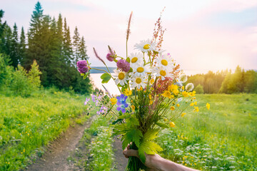 A bouquet of wild flowers in your hand on the background of a green meadow, a river and the setting sun, dawn, sunset. - 411161022