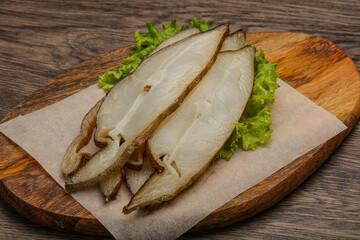 Delicous smoked halibut slices snack