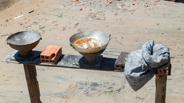 Fresh Fish Being Fried On A Stall Outdoors In A Poor Community In Brazil, Maranhao