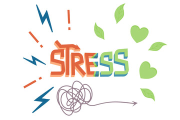 Word stress in cartoon style isolated white background. The concept of moving from stress to calm. Vector illustration of an inscription with three dimensional decorated letters, zippers and leaves