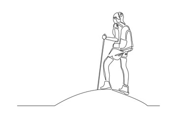 Continuous one line drawing of traveling people with backpack. Single one line art of woman success to hiking on top of mountain. Vector illustration