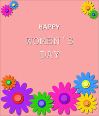 International Women's Day card with lettering and flowers in cut paper style on light pink background
