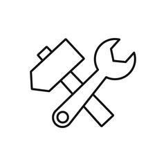 Black line Crossed hammer and wrench spanner icon isolated on white background. Hardware tools.
