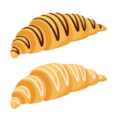 Croissant with chocolate and cream topping. Fat, high-calorie, unhealthy food. Dessert, yummy treat, treat. Realistic illustration in cartoon flat style. Isolated on a white background