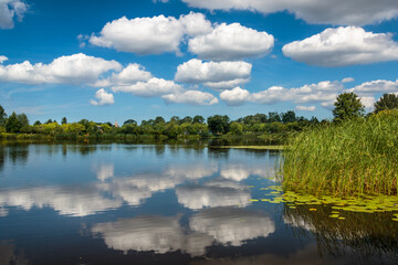 water reflection of sky and clouds on a lake on a sunny spring day