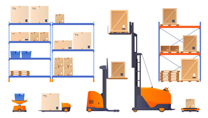 Automatic Forklift Car Driving Freight and Goods. Mechanical Loader Carrying Cardboard Box and Green Tank. Empty Manufacturing Warehouse. Smart Factory. Flat Cartoon Vector Illustration