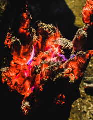 Burning wooden block, close-up of red glowing coals