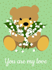 Cute bear and a bouquet of lilies of the valley. Valentine's card in green and brown colors. Template for fashion prints on cups, pillows, textiles, clothes, T-shirts. Vector graphics.