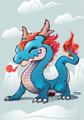 happy blue asian dragon mascot character