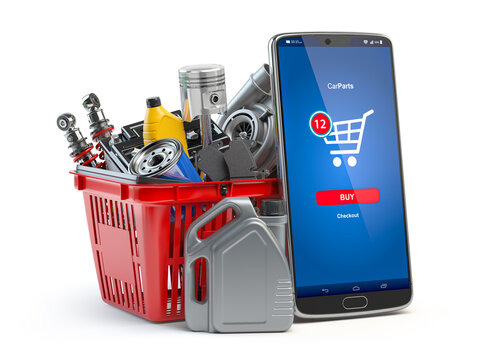 Car parts, spares and accesoires in shopping basket and smartphone isolated in white. Online purchasing and delivery of car spare concept.