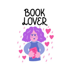 Obraz na płótnie Canvas Book lover - vector doodle with woman and hand lettering for book lovers and bookworms. Woman with books. Vector template for card, postcard, banner, poster, sticker and social media