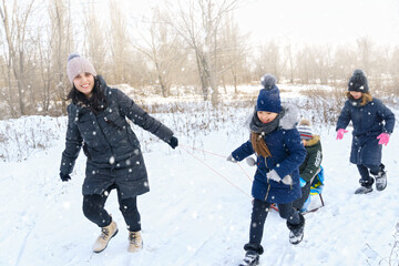 family plays and sleigh rides in winter outdoor, mother and children having fun on snowy winter