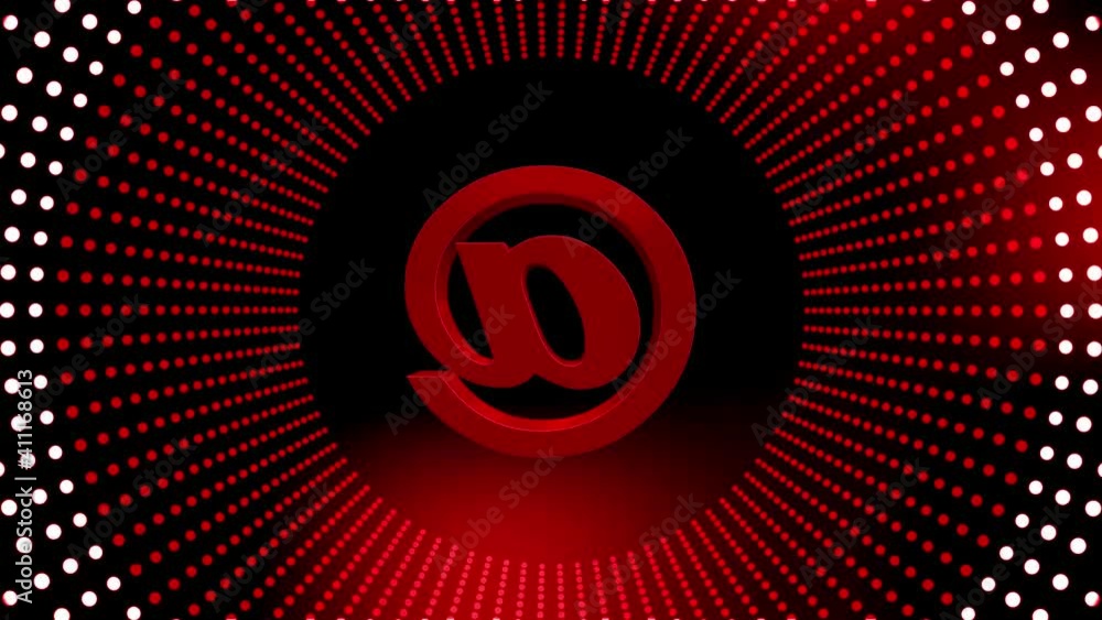 Poster abstract motion background in 4k - rotating at sign in pulsating rings of dots in white over red arr