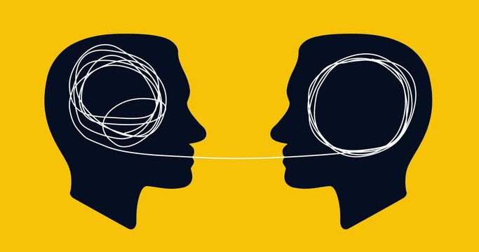 concept icon showing silhouette of human heads with tangled line inside, like brain and untangled line. unraveling of tangled line. metaphor for  mentor or coach in problems business