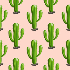 Hand drawn saguaro cactus seamless pattern
