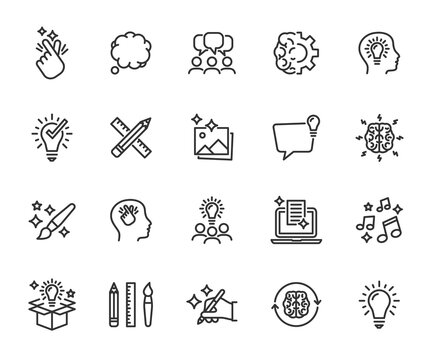Vector set of creativity line icons. Contains icons idea, brainstorm, thought, quick tips, inspiration, teamwork and more. Pixel perfect.