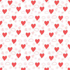 Red heart, white, cloud on a white background. Designed for use as patterns, fabrics, gifts, banner. Seamless pattern. Vector illustration.