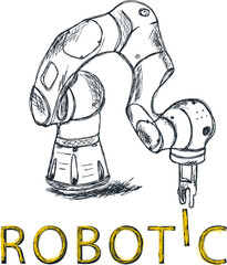 A robotic arm. Sketch with lines. The robot's technological arm holds the letter I
