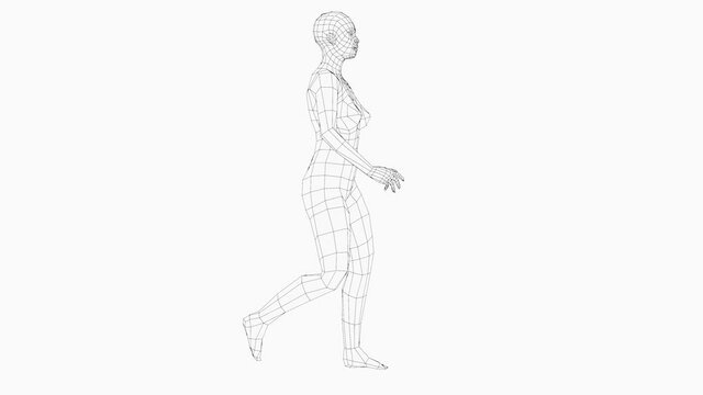 Wireframe walking woman, seamless loop animation