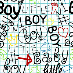 Seamless baby pattern with label Boy