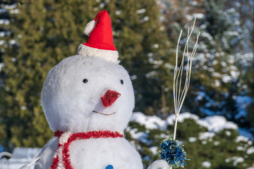 Funny snowman in red hat outdoors, close up portrait