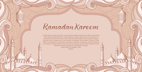 Ramadan kareem with hand drawn islamic mosque and lantern illustration background