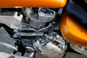 Motorcycle engine with chrome details, close-up