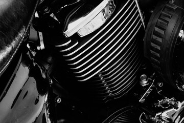 Motorcycle engine with chrome details, close-up