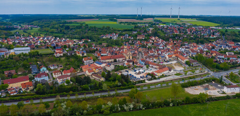 Aerial view of the city Wilhermsdorf in Germany, Bavaria on a late spring day.