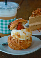 Closeup chu cream and strawberry with vanilla cream