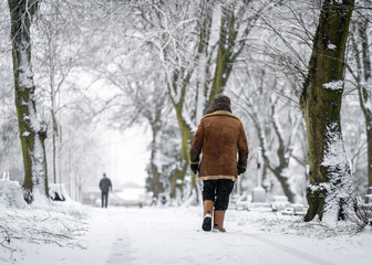 Man wrapped up warm wearing sheepskin coat, boots and warm hat walking on footpath in heavy snow on ground and trees winter scene still snowing looking away