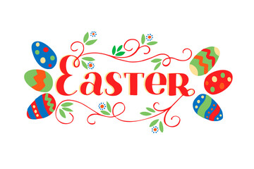 Fototapeta na wymiar Hand lettering Easter with coloring eggs.