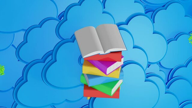 Stack of multicolored books with open book and green arrows before blue cloud computing icon / e-learning concept 