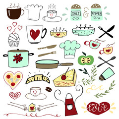 Set with hand drawn elements for cooking and food.