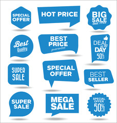 Blue sale concept discount promotion stickers on white background