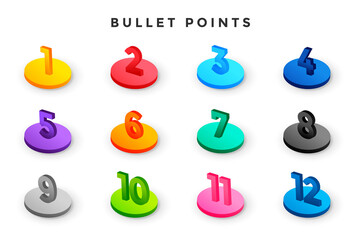 3d style bullet points numbers from one to twelve