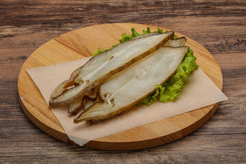 Delicous smoked halibut slices snack