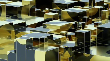 Abstract golden liquid on black cube. Art data technology concept