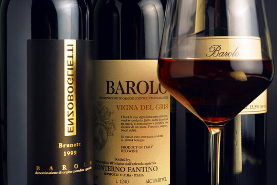 Turin, Piedmont, Italy. -01/02/2021-  Bottles of Piedmont aged red wine Barolo.