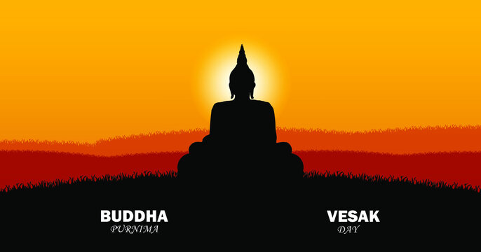 Happy Buddha Purnima, Gautam Buddha meditating, vector illustration.