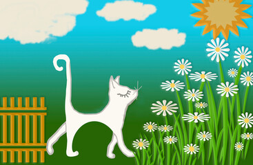 3D - rendering. The sun is shining. A white cat goes for a walk in a chamomile field.