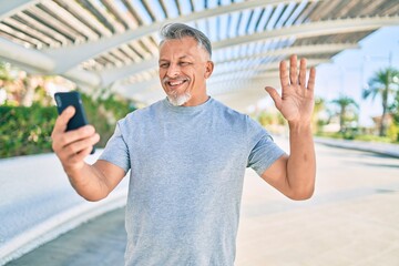 Middle age hispanic grey-haired man smiling happy doing video call using smartphone at the park.