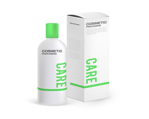 Cosmetic bottle and cardboard packaging mockup with sample design. Design template for cosmetic packaging shampoo, skin care cream, batch soap etc.