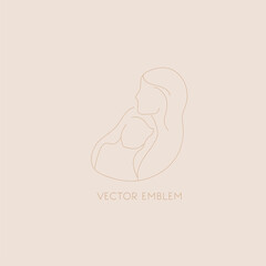Vector hand drawn mother with child. Vector emblem. Simple line art.