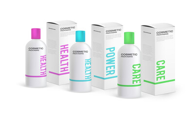 Set of cosmetic packaging design templates. Cardboard tall pack and shampoo bottle. Lotion mockup bottle
