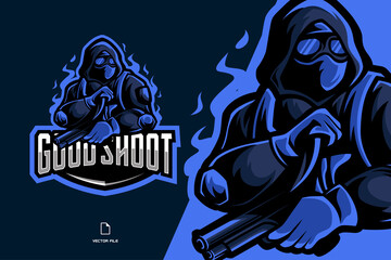 ninja soldier with gun and knife mascot esport logo illustration, sport game team, character