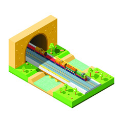 Abstract Isometric Railway River Tunnel 3D Transport Railroad Cargo Trains Element Vector Design Style
