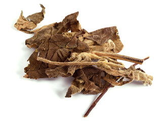 Closeup on Dried Patchouli Leaves. Isolated on White Background.