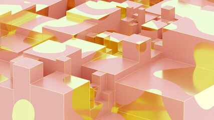 Abstract golden liquid on pink box. Art data technology concept