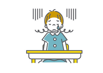 学校でひとりで思い悩む女の子のシンプルでかわいい線画イラスト